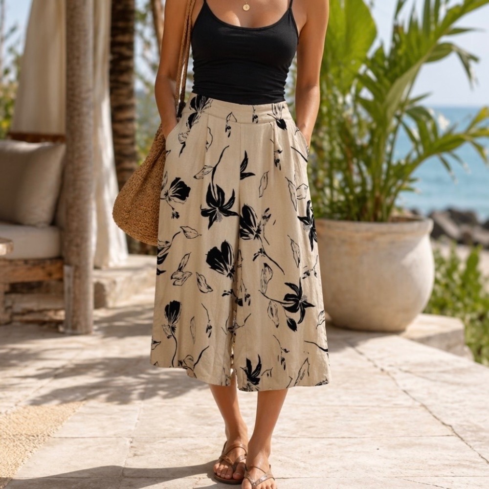 Tropical Linen Blend Wide Leg Crop Pants 1X Floral Coastal Beachy Bohemian Pleat